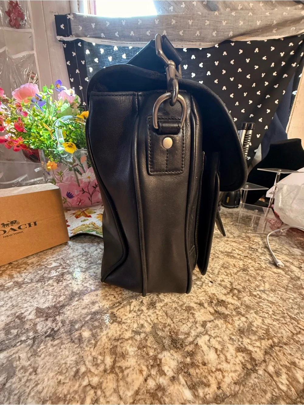 Coach Black Leather Messenger Bag with Buckle Straps